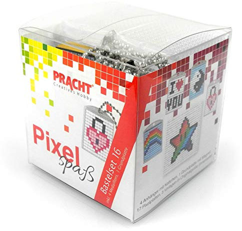 Pixel P90033-63501 Spaß Bastelset 16, zur Gestaltung von 4 Schlüsselanhängern für Kinder, kinderleichtes Stecksystem, ohne Bügeln und Kleben, Steinchen aus Biokunststoff