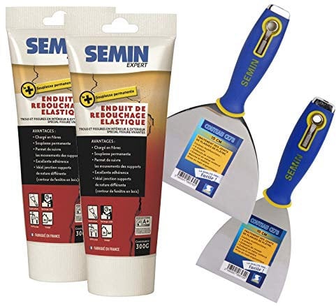 Semin Enduit de Rebouchage Élastique Fibrelastic - Fibre de Verre pour Fissures Vivantes - Extérieur - Tube de 300 g (Lot 2) - Couteaux à Enduire - 10 cm et 15 cm
