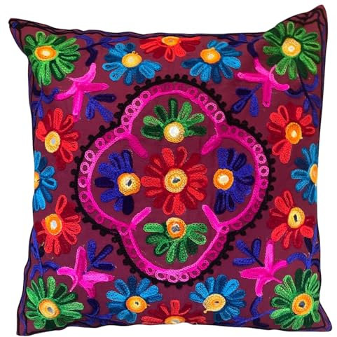 Kissenbezüge, dekorativ, Bestickt, Mandala-Blumenmuster, Ethno-Boho-Kissenbezug, Leuchtend bunter Bohemian-Bezug für Sofa, Couch, handgefertigter Schlafzimmer, Wohnzimmer, 40 x 40 cm (16 x 16 Zoll)
