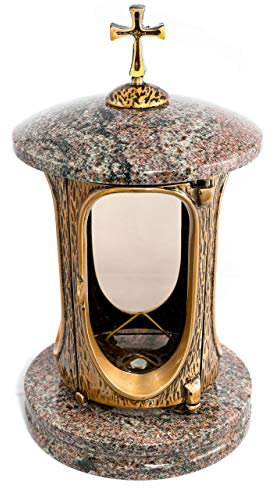 Stilvolle Grablaterne Elégant mit Kreuz Granit Paradiso Höhe 27 cm/Ø 15 cm Grableuchte Grablicht Grablampe Granitlampe Granitlaterne Bronze mit Sockel Grabschmuck