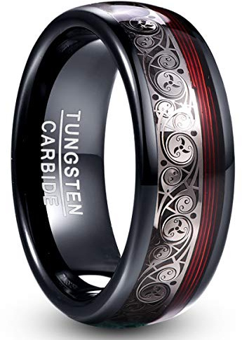 VAKKI 8mm Mens Black Tungsten Carbide Ring with Celtic Spiral,Size O to Y | Red Guitar String Inlay,Scratch Resistant,Hypoallergenic Comfort Fit,for Wedding and Daily Wear