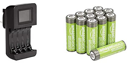 Amazon Basics Intelligent Digital Battery Charger for 4 AA, AAA & AA High-Capacity Rechargeable Batteries 2400mAh (12-Pack) Pre-charged