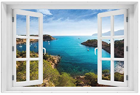 Wallario Wandbild - Ibiza - Blick von Einer Bucht aufs Meer in Premiumqualität, Poster mit rahmenlosen Bildhalter, Größe: 61 x 91,5 cm mit Fenster-Illusion