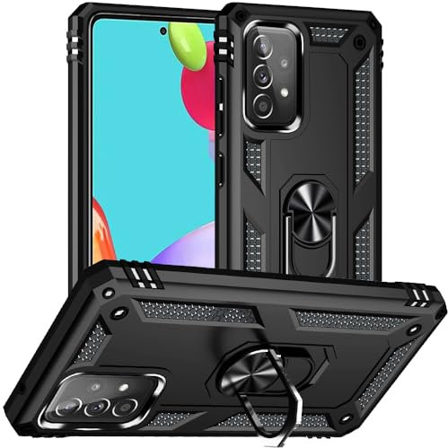 Yiakeng for Samsung A52s Phone Case, Samsung A52s Case with Screen Protector, Silicone Shockproof Military Grade Protective Phone Cover with Ring Kickstand for Samsung A52 5G (Black)