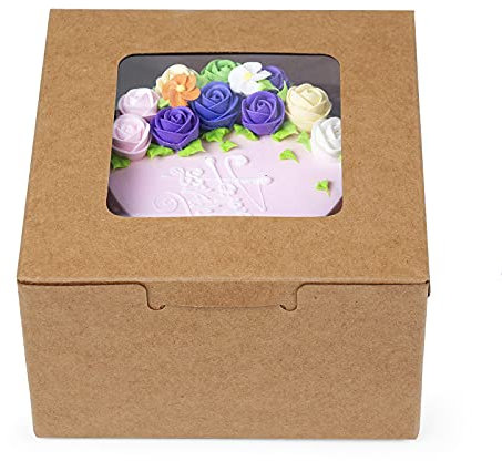AIBAOBAO 25 Pcs Rustic Brown Kraft Bakery Box, 6 x 6 x 2.5 Inch, Pre-Assembled, Flat, Transparent Window, Food Grade, Recyclable, Perfect for Cakes, Pastries, Cookies, Donuts