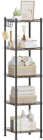SONGMICS 5-Tier Bathroom Shelf, Storage Rack for Small Space, with 5 PP Shelf Liners, Removable Hook, Extendable Design, Ink Black and Rustic Brown ULGR023B02