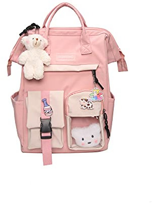Amirty Kawaii Backpack for Women Girls,with Kawaii Pin and Accessories Pin Bear,Waterproof College High School Laptop Bookbags (Pink, 26cm*18cm*38cm)