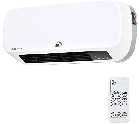 HOMCOM Calefactor Baño de Pared 1000W/2000W Calefactor Eléctrico Bajo Consumo con Mando a Distancia 3 Modos de Viento Temporizador de 12H Termostato y Sistema Antivuelco para 25 m² Blanco