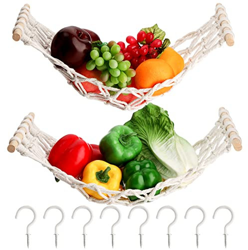 AVLA 2 Pack Hanging Fruit Hammock, 30.48CM×45.72CM Macrame Fruit Holder Under Cabinet, Boho Dangling Veggie Storage Basket Net, Handwoven Cotton Toy Organizer with 8 Hooks for Home Kitchen Boat Rv