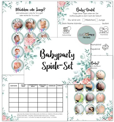 Babyparty Spiele 4er Set by snaPmee - 15x Ratekarten & Stadt Land Baby - Geschenk Schwangerschaft mit Junge oder Mädchen