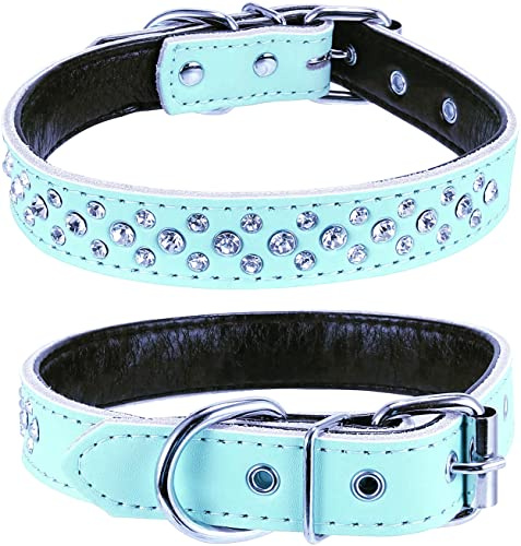 Haoyueer Hundehalsband mit Strass, verstellbares Hundehalsband mit glitzernden Kristall-Nieten aus echtem Leder für kleine und mittelgroße Hunde (S, Blau)