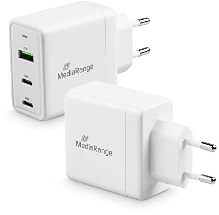 MediaRange 65W GaN Ladeadapter - 3-Port Steckdosen-Ladeadapter mit Schnellladefunktion, 1x USB-A und 2X USB-C Ausgang, kompatibel mit iPhone 13, 12, iPad Pro, AirPods Pro, Galaxy, S22, S21