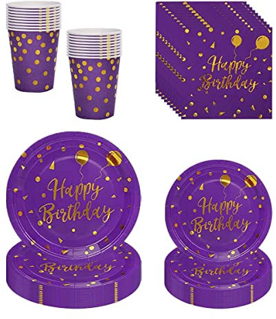 ZOOMPIL Violet Or Party Vaisselle, Ensemble de vaisselle de fête violet et doré, Kit Vaisselles Anniversaire Assiette Papier Tasse Serviette pour mariage, anniversaire, fête prénatale 16 invités