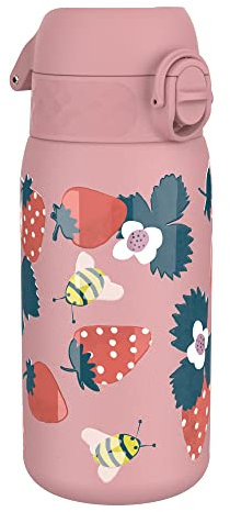 ION8 Isolierte Edelstahl-Trinkflasche, 320 ml, Auslaufsicher, Einhandöffnung, Sichere Verriegelung, Spülmaschinenfest, Klappdeckel, Tragegriff, Leicht zu Reinigen, Langlebig, Beeren und Bienen-Design