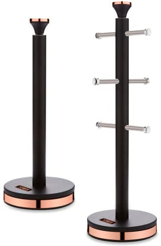 Tower Cavaletto Black & Rose Gold Mug Tree & Towel Pole Matching Kitchen Storage Set