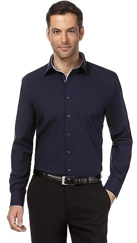 Vincenzo Boretti Herren Hemd bügelfrei 100% Baumwolle Regular-fit Uni-Farben dunkelblau 45-46