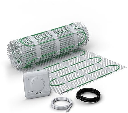 WARMON elektrische Fußbodenheizung für Fliesen: Zweiader-Heizmatte ultradünn, Festwiderstandsheizkabel EcoPRO-200 mit Thermostat AC3082H analog, weiß - 2 m²