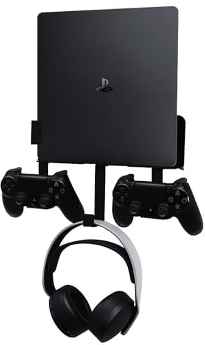 Wall Mount for PS4 Slim, PS4 Slim Wall Mount with Detachable 2 Controller Holder & Headphone Hanger, Metal Stealth Stand for Playstation 4 Slim