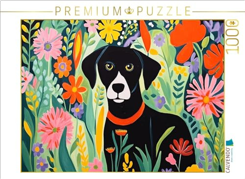 Puzzle · Schwarzer Hund im Blumenmeer | Ein von Matisse inspiriertes Motiv · 1000 Teile · Lege-Größe 64 × 48 cm · CALVENDO Puzzle