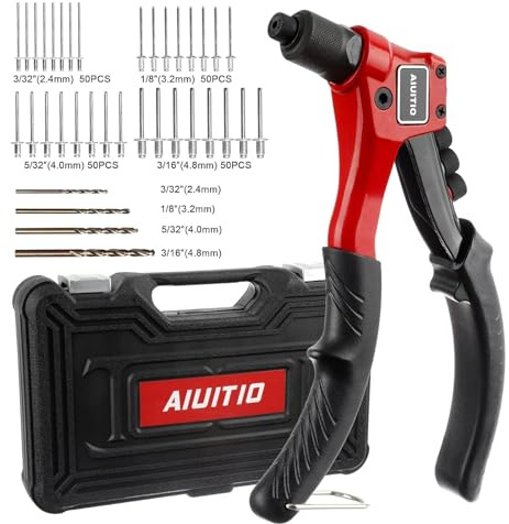 Rivet Gun, AIUITIO Pop Rivet Tool Kit with 200 Rivets and 4 Drill Bits, Manual Hand Riveter Kit with Rugged Carrying Case