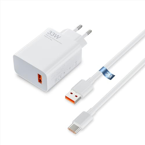 VoltWave 33W Chargeur Rapide pour Redmi Note 13 Pro, XiaoMi 14 Pad 6 Pad 5 11 Lite 11i Redmi 13C 12C Note 11S 12S Note 12 Pro 11 Pro 11T Pro 13T POCO X6 Pro M6 Pro X5 Pro Chargeur Turbo Câble de 2M