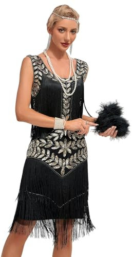 VILOREE Retro 1920er Damen Flapper Kleider voller Pailletten V-Ausschnitt Great Gatsby Motto Party Schwarz (56) XL