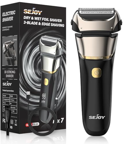 Sejoy Elektrischer Rasierer für Männer, Nass- & Trockenfolienrasierer mit 3-Klingen & Kantenrasierbereich, 7500 U/min Hochgeschwindigkeitsmotor, digitaler Leistungsanzeige, IPX7, elektrischer