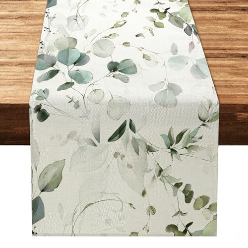 LOMOHOO Tischläufer Grün Eukalyptusblätter, 32x240CM Modern für Esstisch Dekor Hochzeit Küche Drinnen Draußen Wohnzimmer Party