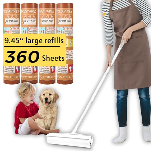 Frescares Extra klebrige Fusselrolle für Teppich, langer Griff, Tierhaarentferner, groß für Möbel, große Oberfläche, klebrige Rollen für Boden (1 Fusselrolle + 4 Nachfüllrollen)