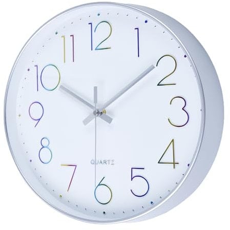 jomparis 30cm Modern Quartz Lautlos Bunt Wanduhr Schleichende Sekunde ohne Ticken Analoge Wanduhr Dekor für Schlafzimmer, Küche,Kinderzimmer(Silber)