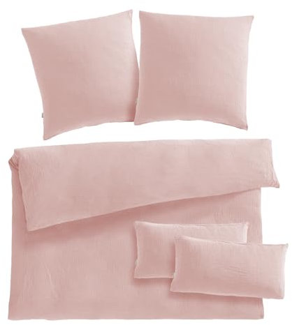 Pure Label Musselin Bettwäsche 200x220 5teilig bestehend aus einem Bettbezug 200x220 cm + Kissenbezug 80x80 2er Set + 40x80 Kissenbezug 2er Set aus Baumwolle - Kuschelige Bettwäsche in rosa
