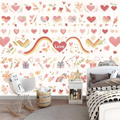 Pink Wallpaper Love Heart Rainbow Arrow Non-Woven Wallpaper, 350 x 256 cm Wall Paper Roll,Decoration for Living Room Bedroom Office Hallway