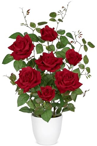 Oairse Artificial Rose Flowers in Pot Realistic Silk Fake Plant for Home Decor Faux Red Roses Flower with White Pot Floral Decoration for Wedding Living Room Bedroom Office Table Centrepiece