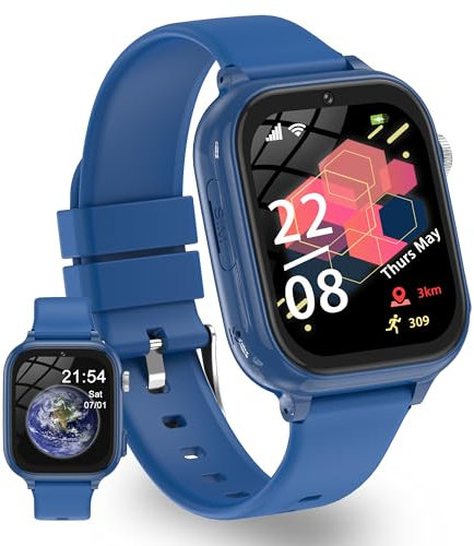 Montre Connectée Enfant GPS, 4G Montre Intelligente Enfants avec Appels Vidéo, WiFi, SOS, Mode Classe, Face ID, App Store, Whatsapp, Réveil, IP68 Étanche Smartwatch Enfant Noël Cadeaux 5-14 Ans-Bleu