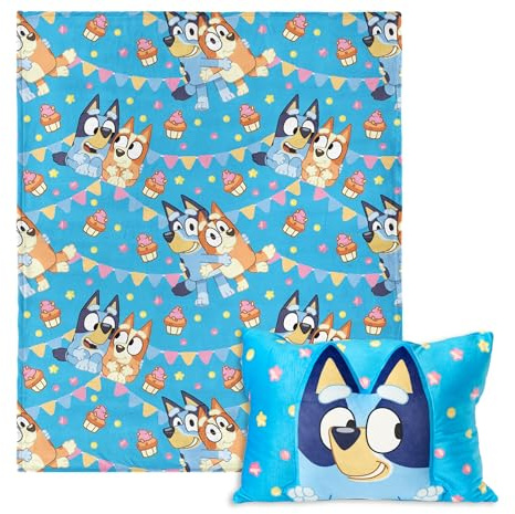 Northwest Bluey Party Pups Silk Touch Throw Blanket 50 x 60 Inches with Bluey Plush Pocket Pillow 14 x 20 Inches - Comfy & Cozy Bluey Blanket & Pillow Set for Boys and Girls