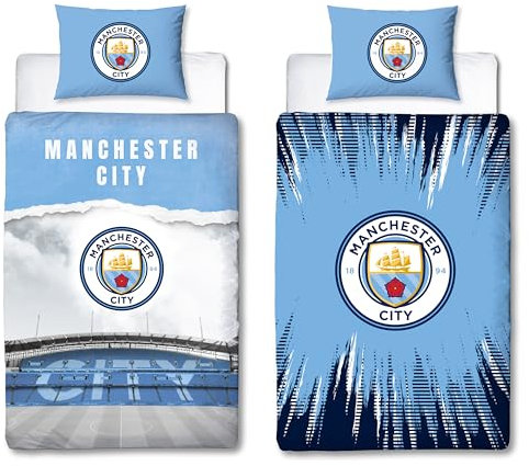 Character World Manchester City FC Offizielles Bettwäsche-Set für Einzelbett, wendbar, 2-seitig, Fußballstadion, offizielles Lizenzprodukt, inkl. passendem Kissenbezug