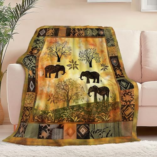 Flanelldecke Kuscheldecke Braun Grün für Couch leichte weiche gemütliche All Seasons Lounge Wohnzimmer-Deko-Decke, 3D Traditionelles Afrika Elefanten Drucken Wohndecke Warm Decke 150 x 200 cm