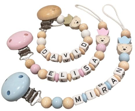 Schnullerkette mit Namen Jungen Mädchen Personalisierte Schnullerband Holz Clip Baumwolle Schnuller Clips für Neugeboren Teddy Bär mit Krone