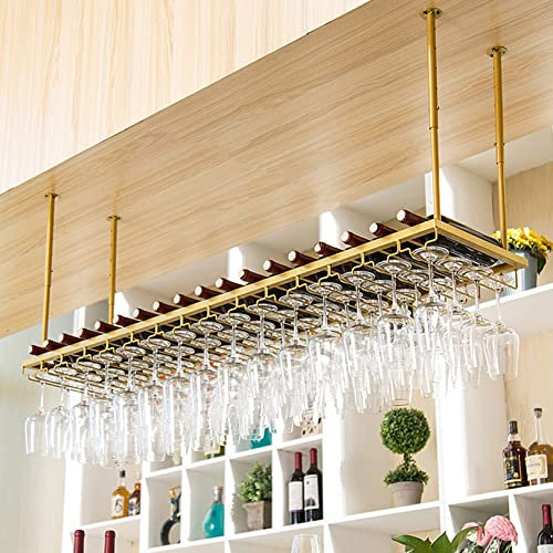 AYVADA Portabottiglie sospeso - Portabicchieri da Vino sospeso Regolabile in Altezza, portabottiglie da Vino da soffitto con portabicchieri, mensola da soffitto per Bar, caffetteria, Cucina - Oro