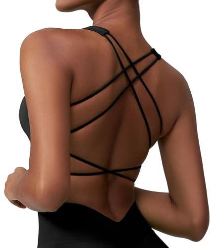 Okdance Damen Sport BH Rückenfrei Spaghetti Zurück Kreuzen Gym Top Geringe Auswirkung Unterstützung für Pilates Yoga Outfit