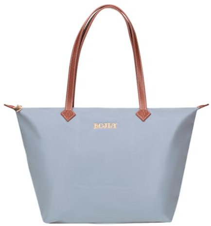 BOJLY Tote Bag Groß Shopper Tasche Damen, Leichte Faltbare Handtasche, Wasserdichte Nylon Schultertasche Damen mit Reißverschluss für Arbeit, Schule, Einkauf, Reisen (Luftiges Blau)