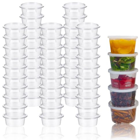 50 Packs Round Container, Sauces Cups Stackable Food Small Containers with Lids, Clear Round Leakproof Plastic Takeaway Sauce Pots for Small Dips Chutney Ketchup Salads (4oz-100 ml)