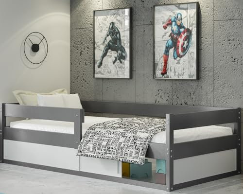 Interbeds Kinderbett Montessori Einzelbett 160x80cm Bodenbett Kiefernholz Naturholz mit Lattenrost und Rausfallschutz (grau)