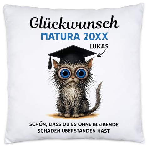 Kiddle-Design Kissen Matura 2026 Personalisiert | Schulabschluss Österreich Geschenk Katze Lustig Spruch | Maturageschenke Jungen & Mädchen zur bestandenen Prüfung Kissen 40x40cm