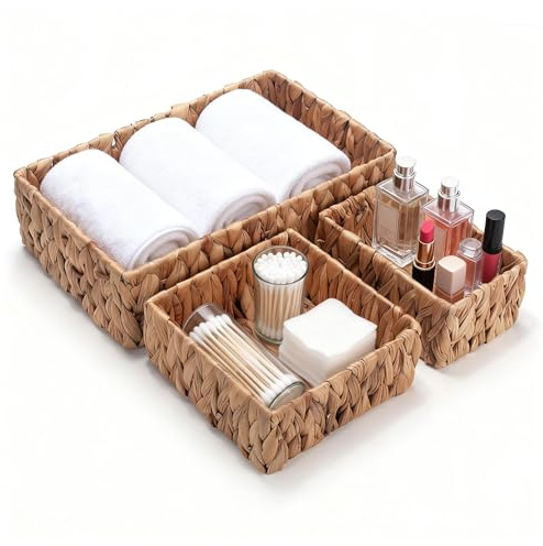 3 Pièces Panier de Rangement en Jacinthe D'eau, Organiseur de Panier en Osier, Boîte Décorative Tissée à la Main pour Comptoir de Cuisine, Salon, Salle de Bain (Rectangulaire)
