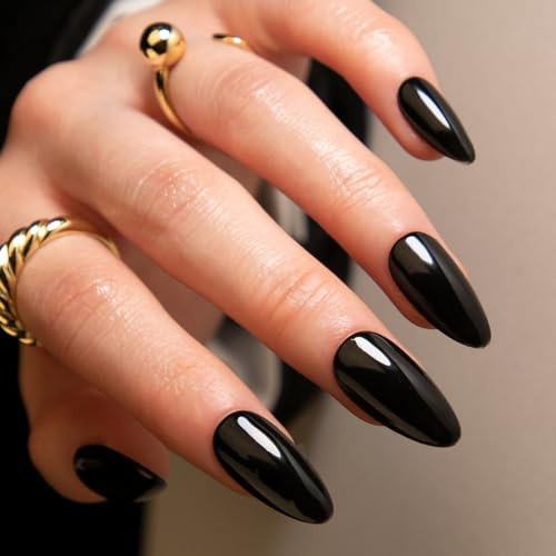 Black Tip Press on Nails - 24 Pcs Almond Fake Nails - Stick on Gel False Nails for Women - Long Lasting,Firm & Not Easy to Fall Off,Harmless,Reusable,Light Soft & Easy to Fit