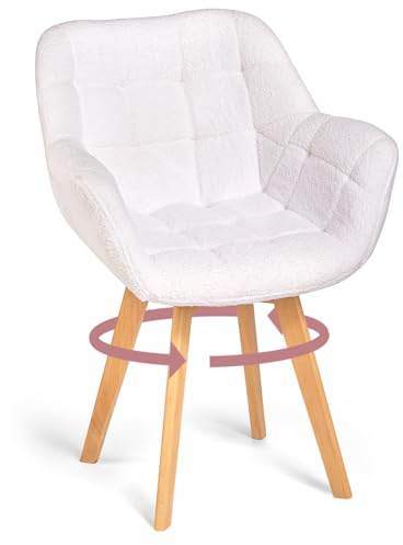 CHOLY Velvet Armchair, Accent Tub Chair with Wooden Legs, Swivel Dressing Table Chair Leisure Single Sofa for Home, Office, Bedroom, Living Room, Dining Room (1, Boucle White)