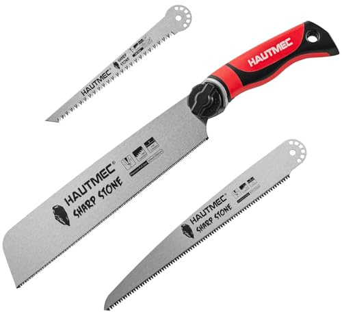 HAUTMEC 3-in-1 Wood Saw, Japanese Pull Saw & Jab Saw for Woodworking | SK4 Steel, Tool-Free Change, 4-Angle Adjustable, Anti-Slip Grip, Fine-Tooth Cutting, Plasterboard, Drywall, Flush Cut