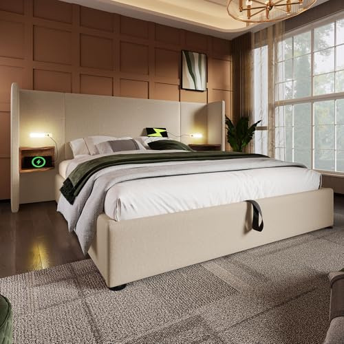 LINKHOO Polsterbett Doppelbett mit Nachttisch, Leselampe, USB Type-C Ladefunktion, Bettanlage Stauraumbett Bettgestell mit Lattenrost aus Massivholz und Metall(Ohne Matratze), Leinen, 180×200, Beige