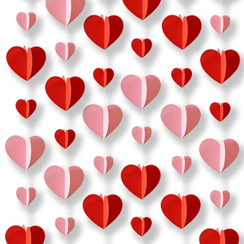 Heyigrow 3D Red & Pink Heart-Shaped Decorations, 6 String 54 Hearts Romantic Home Garland Love Ornaments for Wedding Engagement Birthday Party